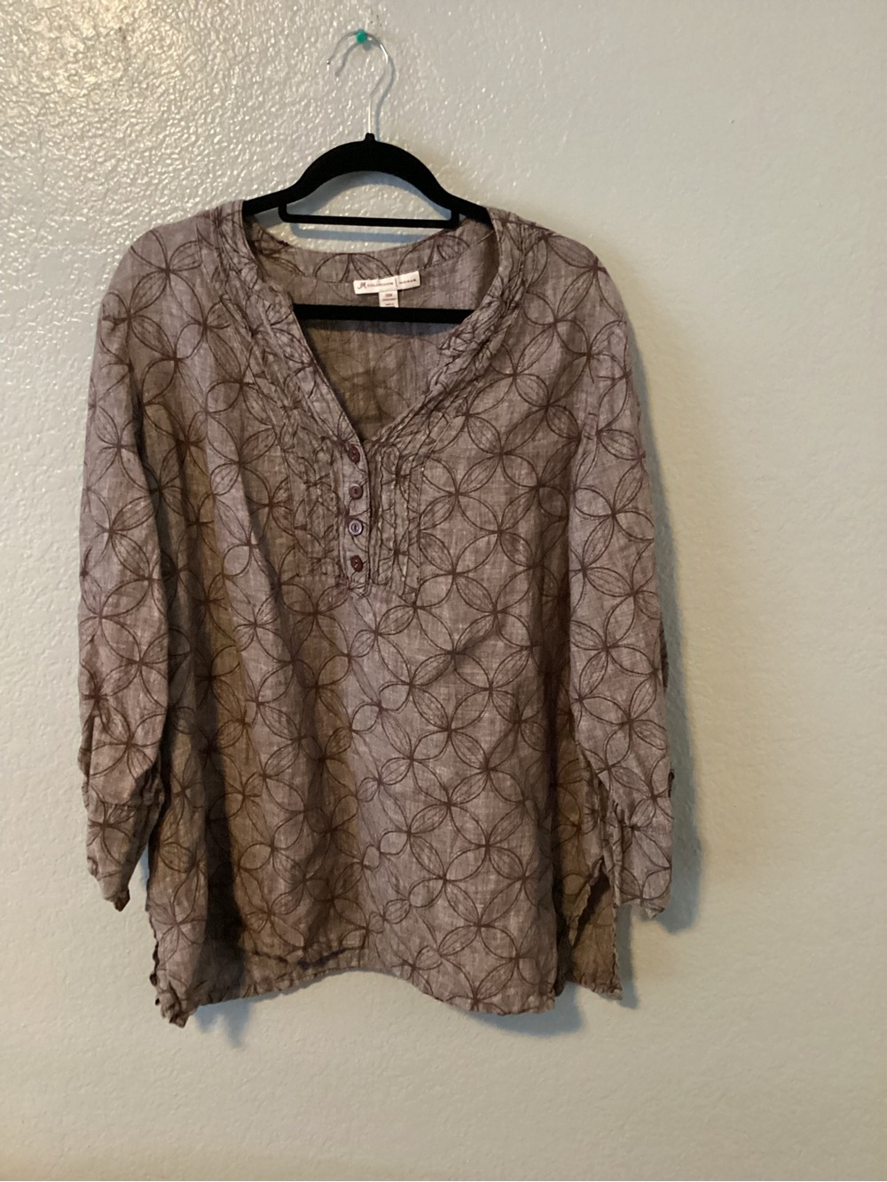 JM Collection  LinenTaupe Patterned Tunic Top